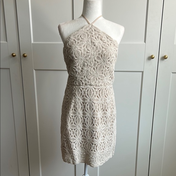 Milly Celeste Beaded Crochet Halter Dress | Natural/Tan | 10 - Picture 2 of 7